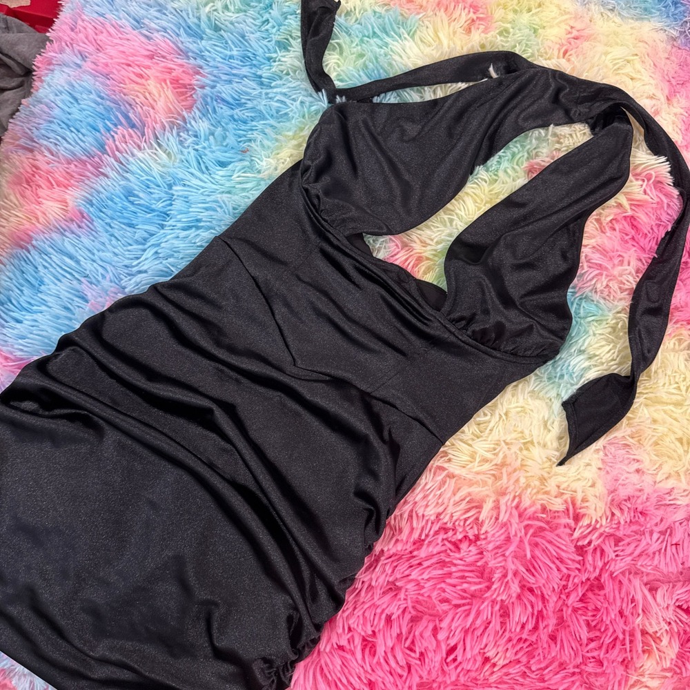 Lucy in the Sky Mini Dress Womens‎ Medium Black Excellent Ruched Halter Shimmer